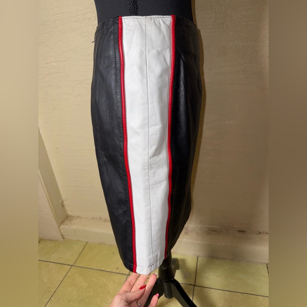 Vintage‎ CHIA Black Leather Pencil Skirt Biker Racing Stripe Y2K Size 10 - Picture 6 of 11